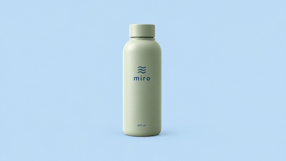 Sage green bottle with a plain wave logo on a blue background