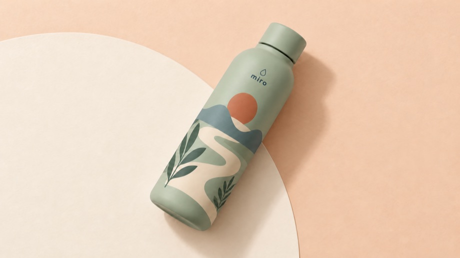 Sage green bottle with a landscape illustration on a peach background