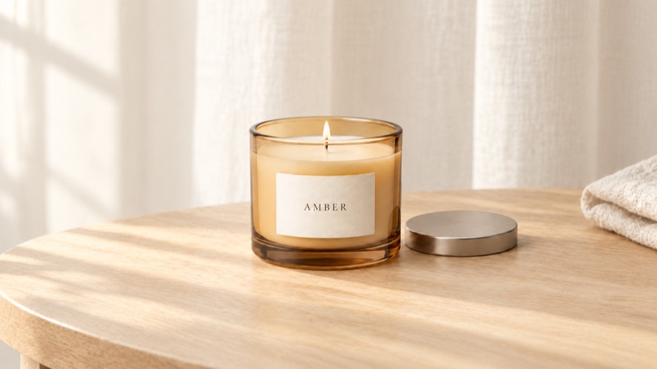 Amber candle lit on a wooden table by a curtained window