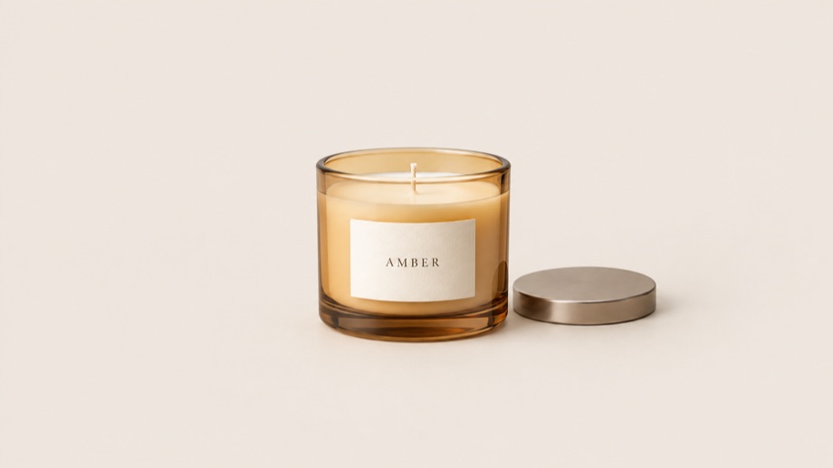 The same candle on a plain beige background