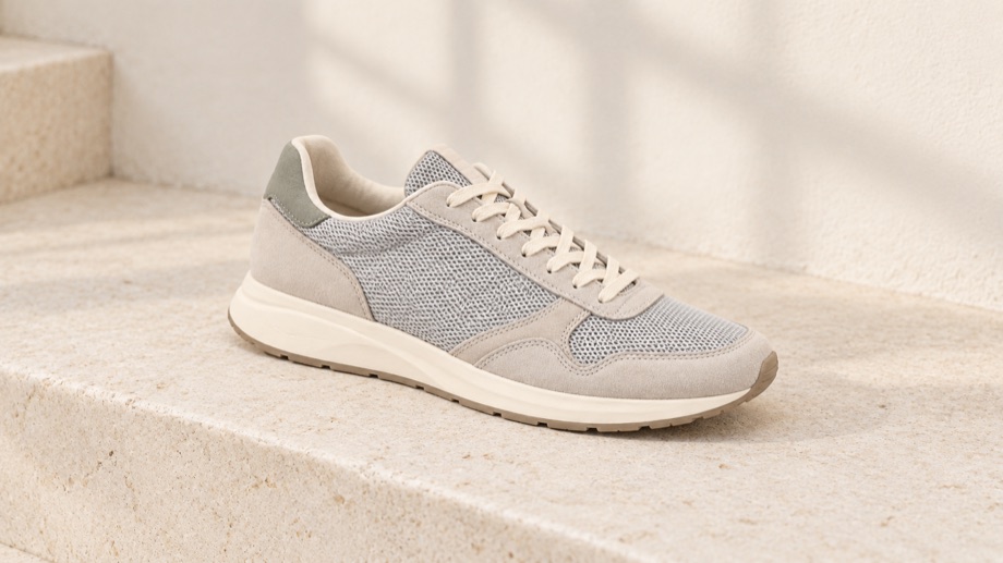 The same shoe photographed on sunlit stone steps